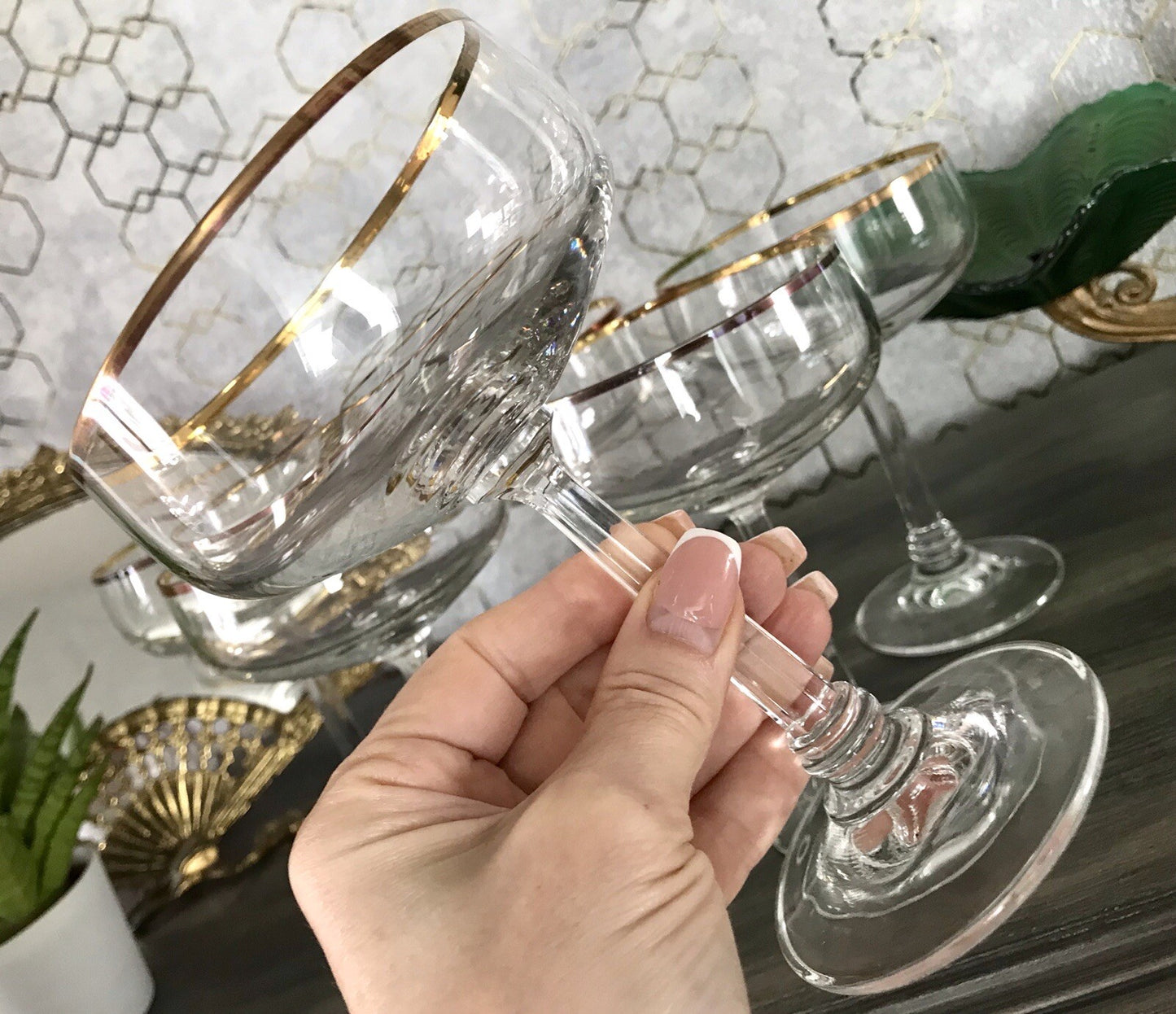 Antik? Art Déco 6 x Champagnerschalen Sekt Gläser Goldrand Lausitzer? Crystal