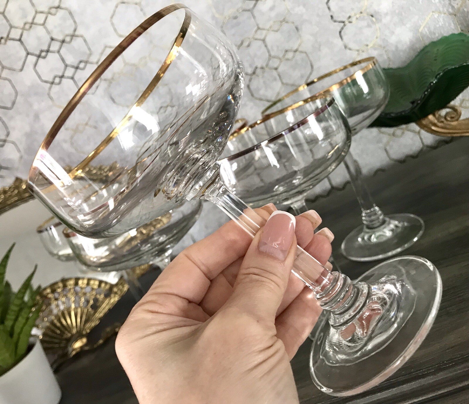 Antik? Art Déco 6 x Champagnerschalen Sekt Gläser Goldrand Lausitzer? Crystal
