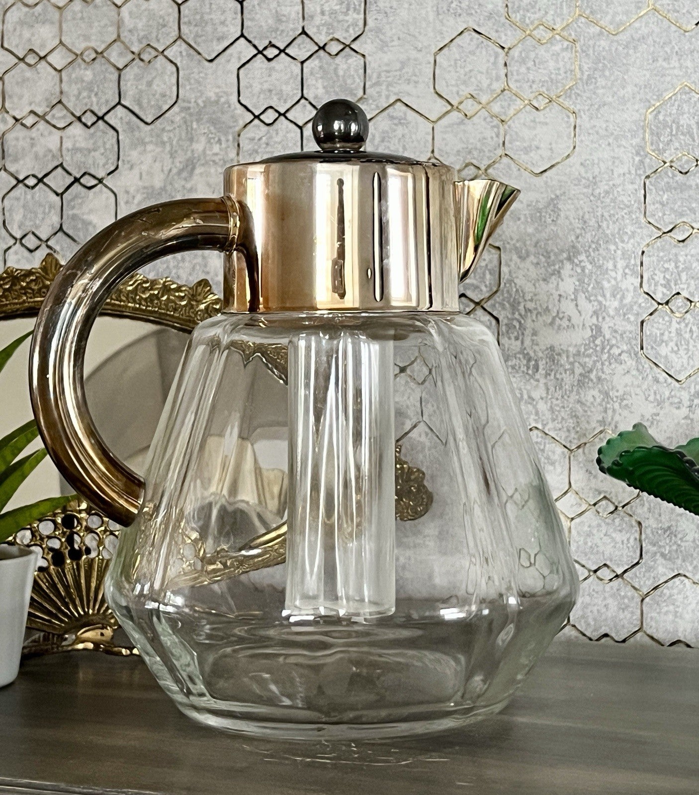 Antik Art Dèco DRGM Karaffe Kalte Ente  Glas optisch gerippt versilberte Montur