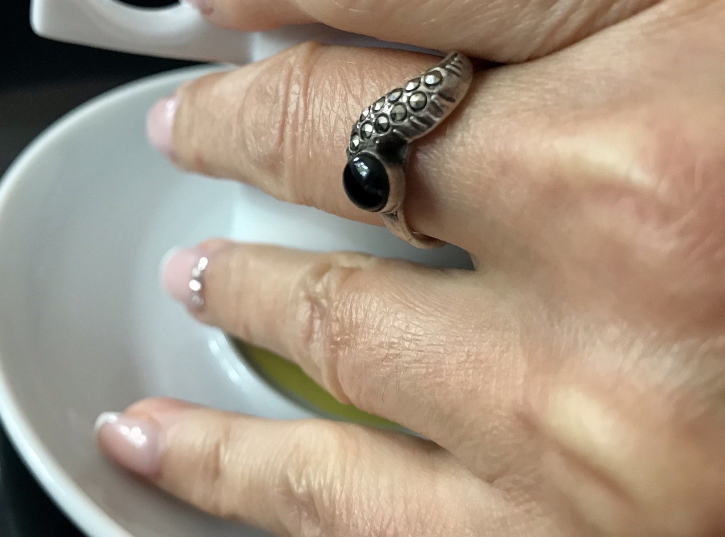 Antik? alt Art Déco Edel Onyx Markasite DAMEN RING Silber 925 Gr.57