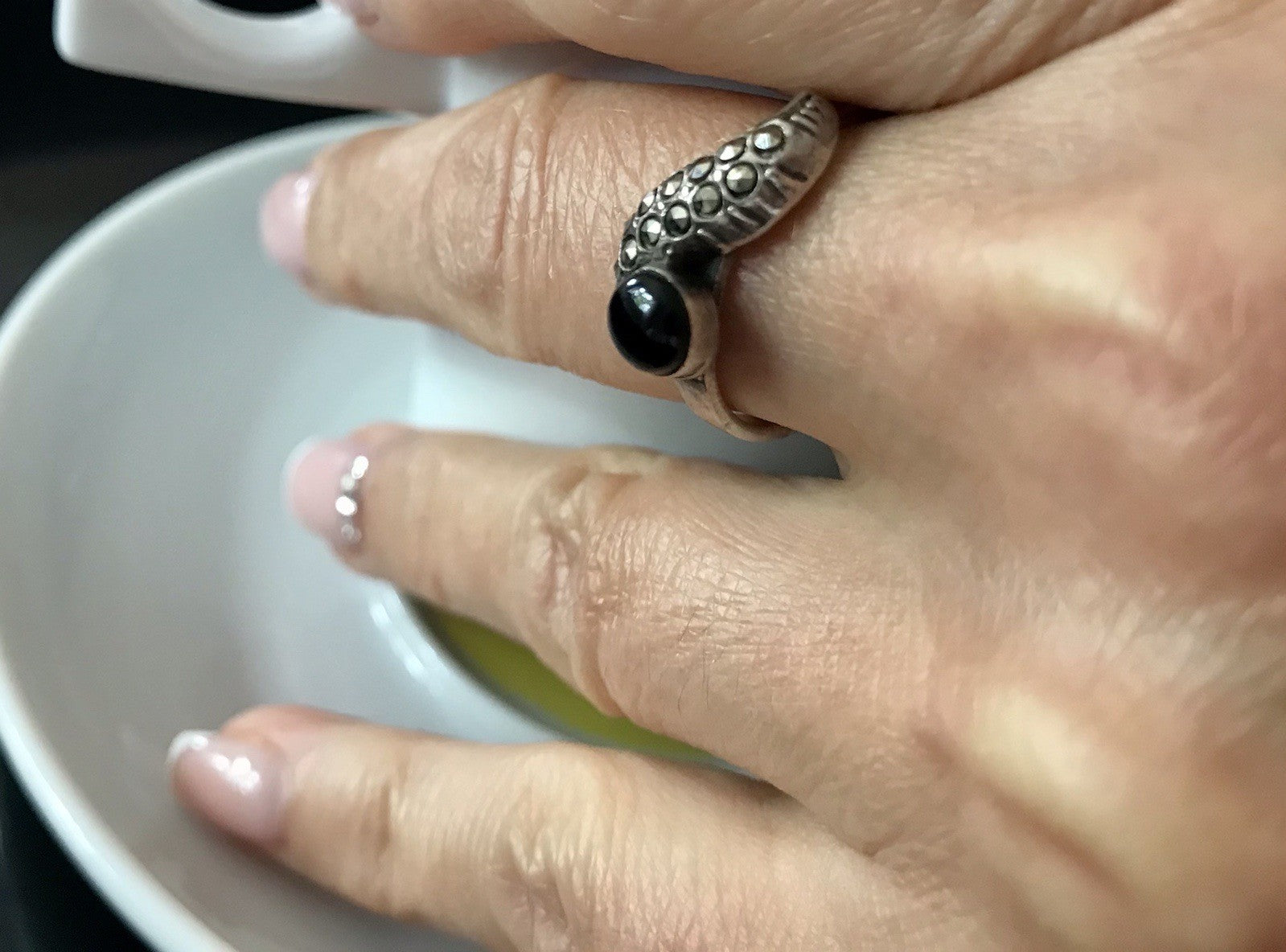 Antik? alt Art Déco Edel Onyx Markasite DAMEN RING Silber 925 Gr.57