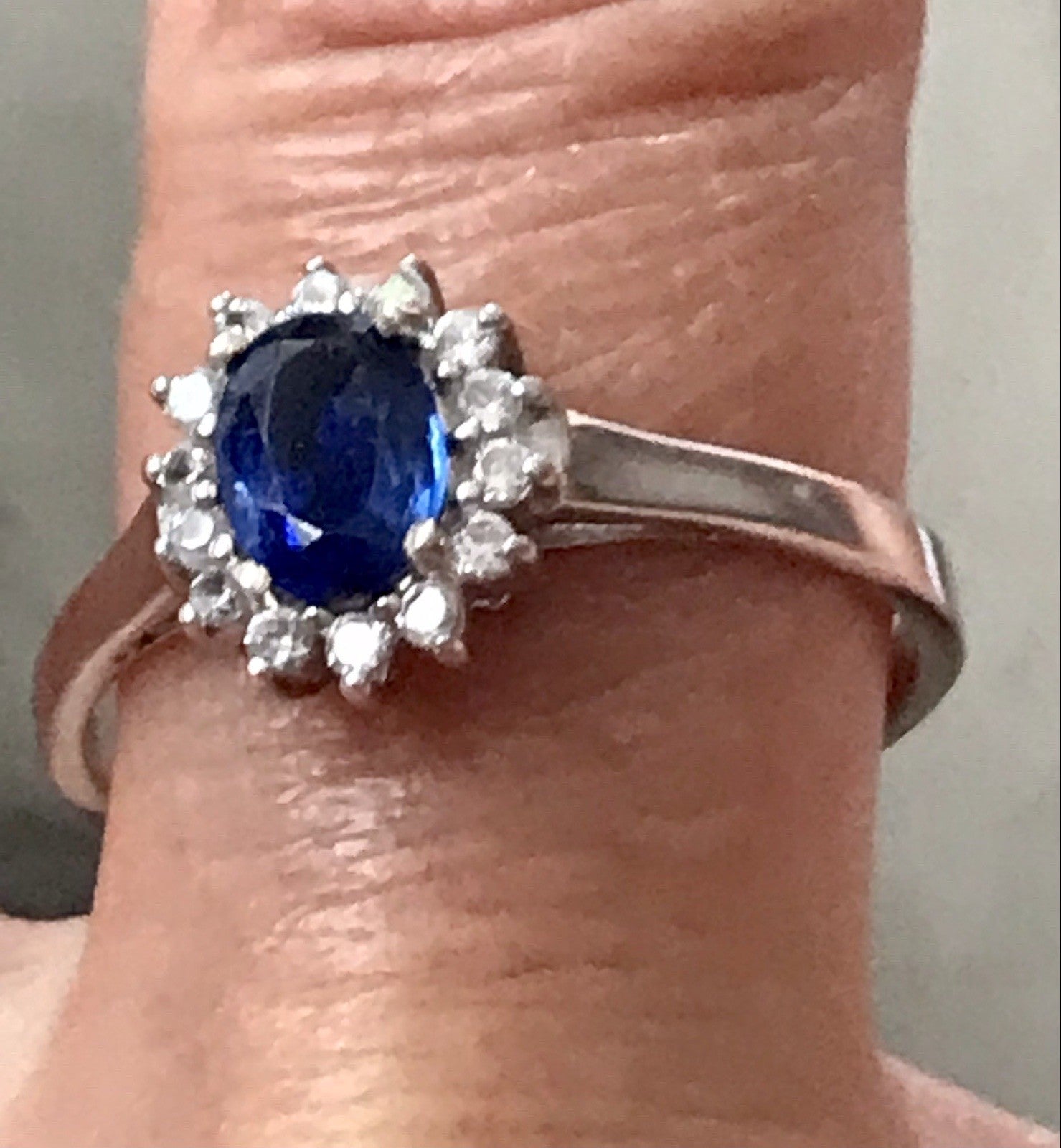 Vintage Entourage Halo Ring farblose Steine & Saphir Silber 925  ~Gr.62 63