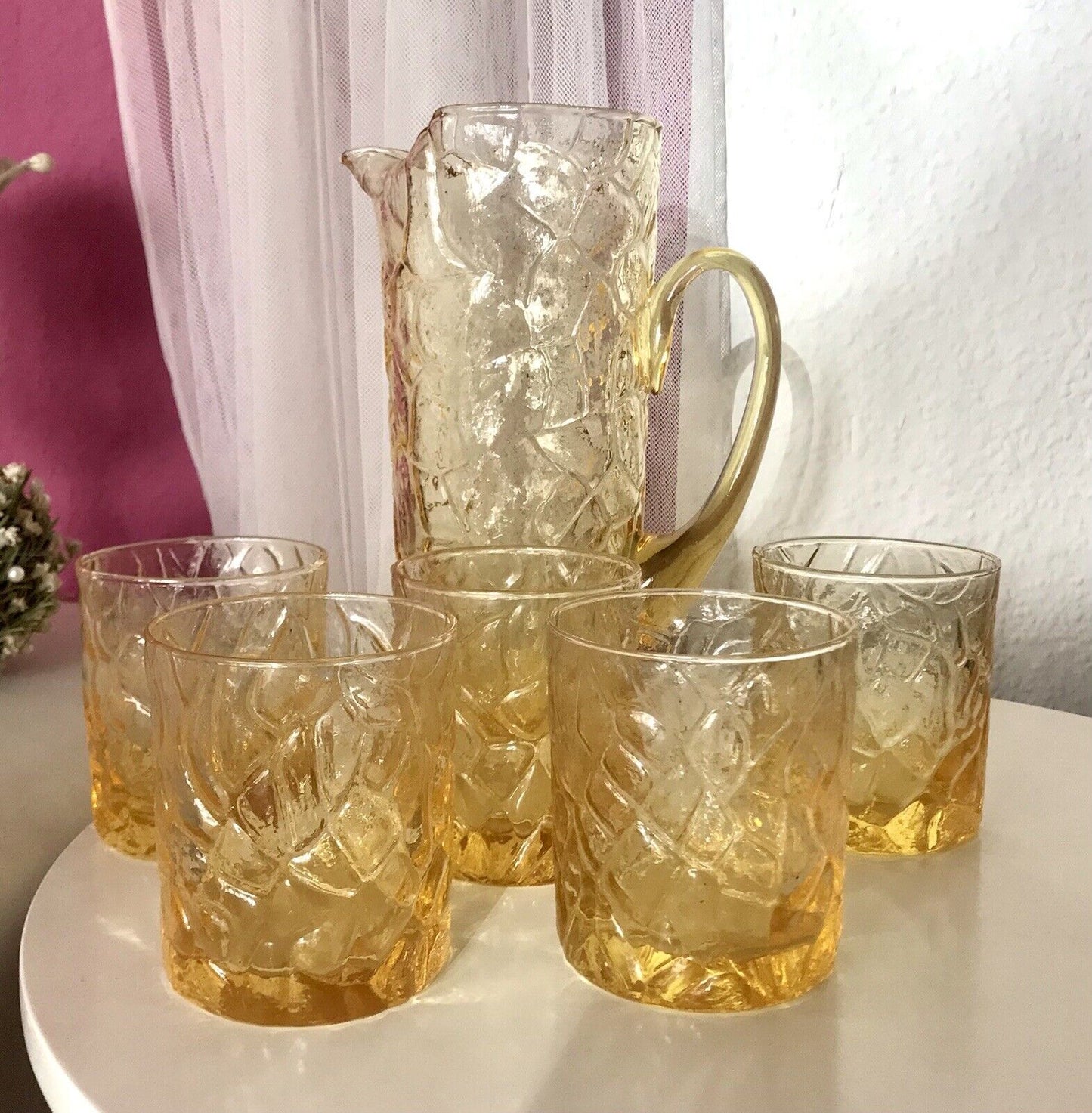 Vintage Designer 60er 70er Krug Kanne Karaffe 5 Becher gelb Glas Reptil Struktur