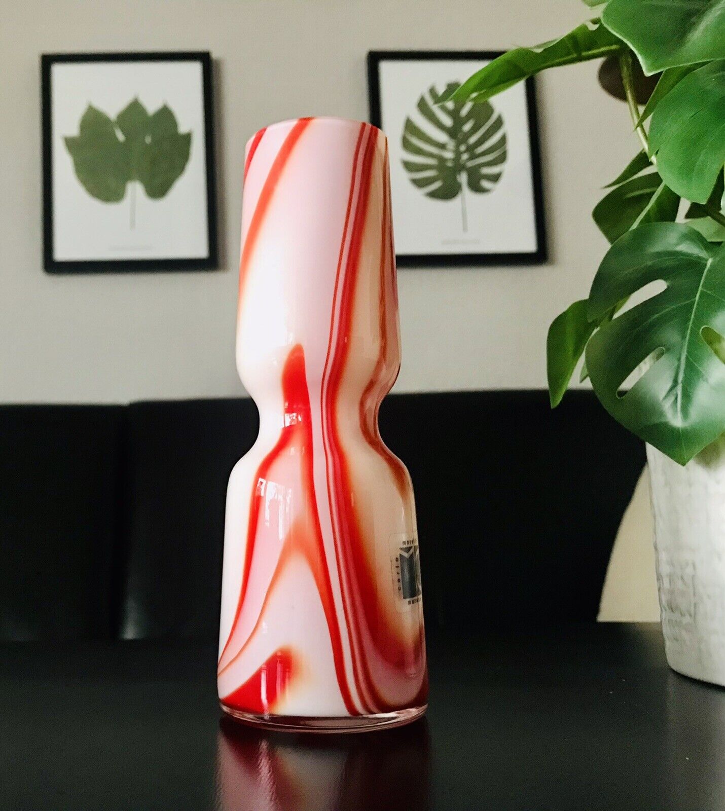 Carlo Moretti Vintage  Vase Murano Glasvase rot weiß