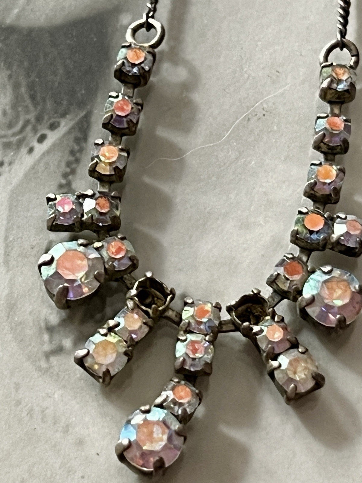 Vintage Antik? 835 Silber Collier Halskette Aurora Borealis? Steine