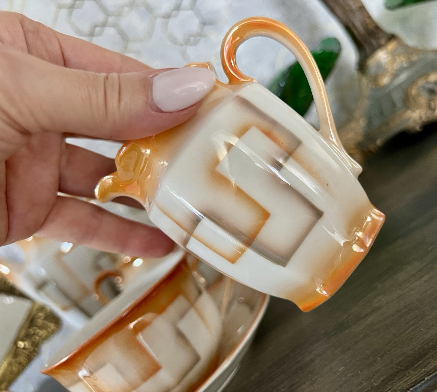 Antik Art Déco Porzellan Kaffeeservice Spritzdekor Bauhaus Teté a Téte 2 Pers.