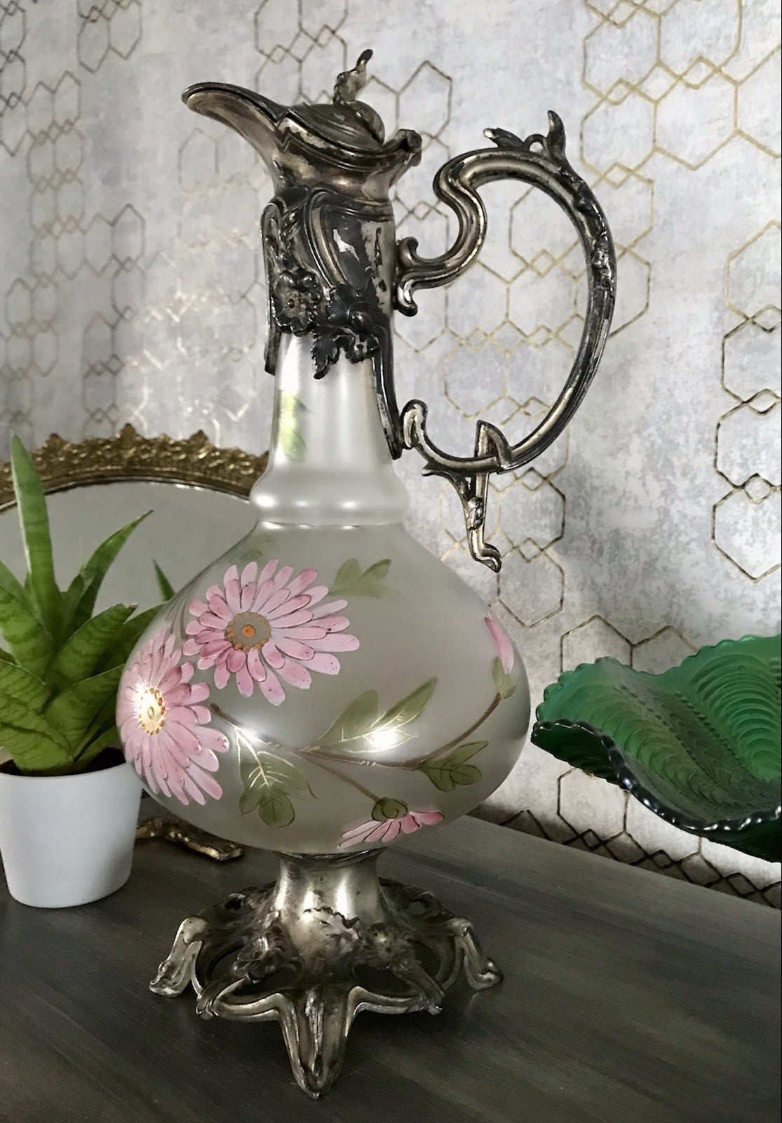 Antik Legras Karaffe Dekanter Schankkrug Glas versilbert Montur bemalt