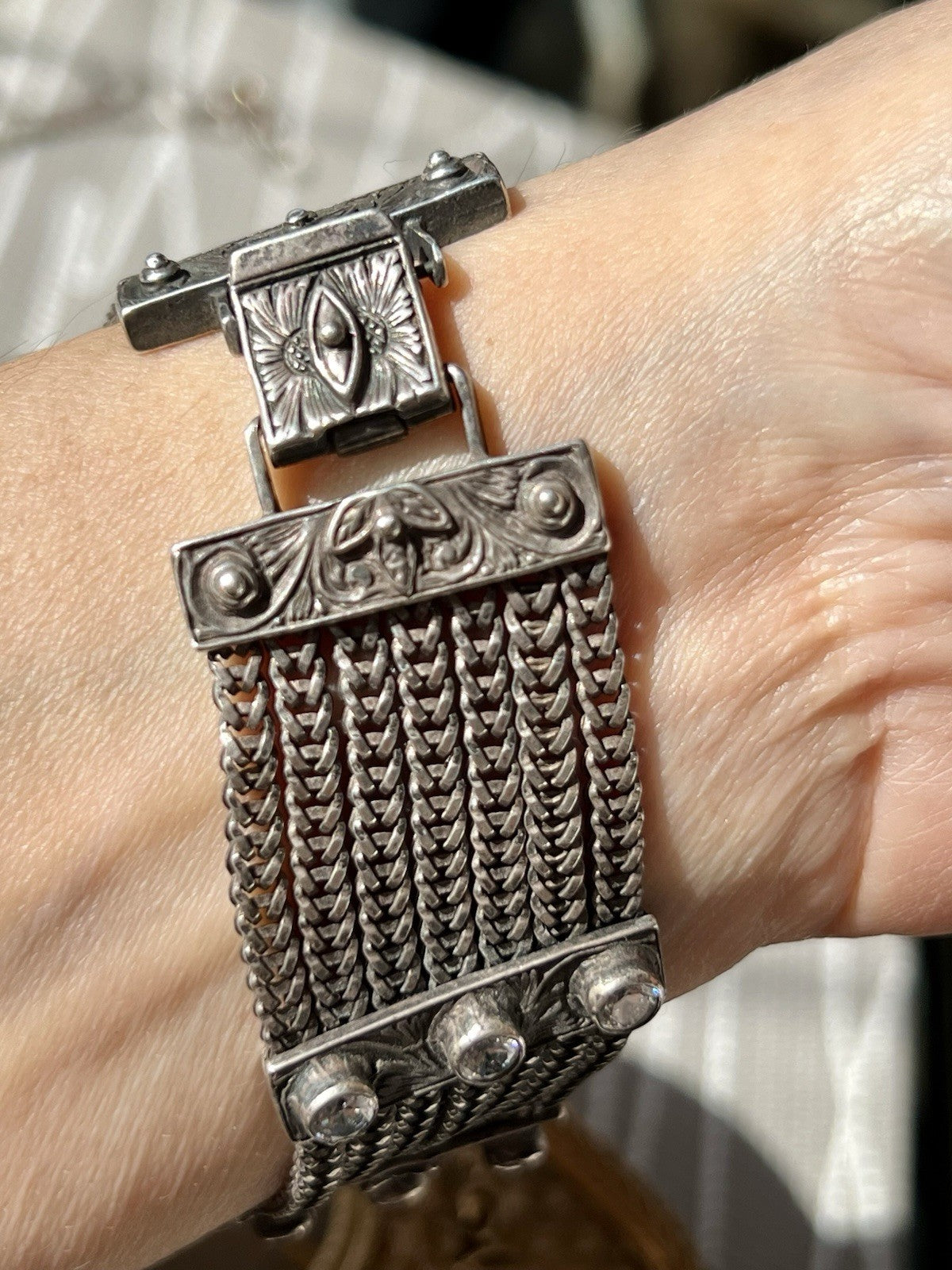 Antik Art Déco Edel DAMEN Armband Silber 925 SUPER farblose Steine WOW Manchette