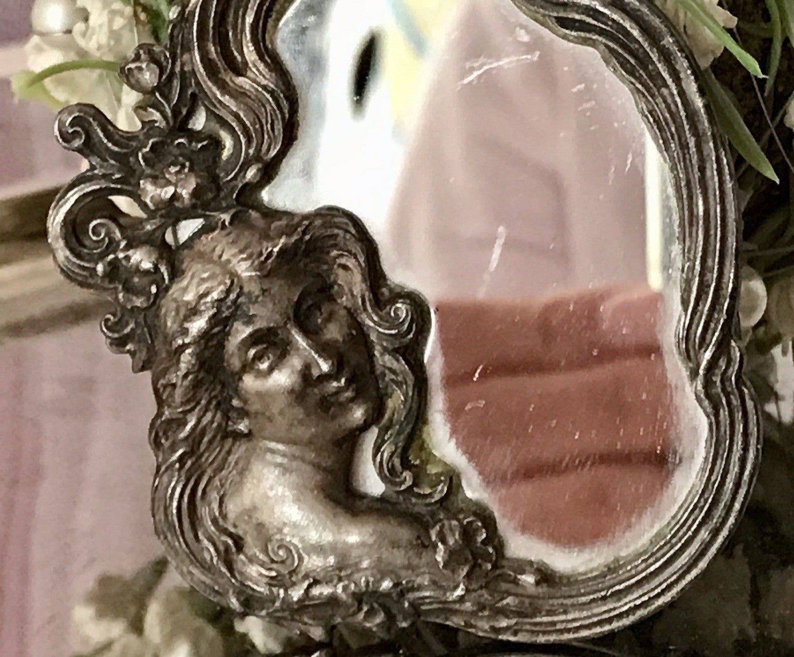 Antik kleiner Taschenspiegel Spiegel versilbert Jugendstil Frau-Büste