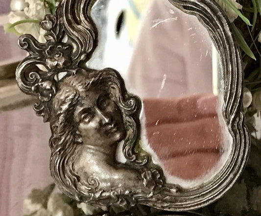 Antik kleiner Taschenspiegel Spiegel versilbert Jugendstil Frau-Büste