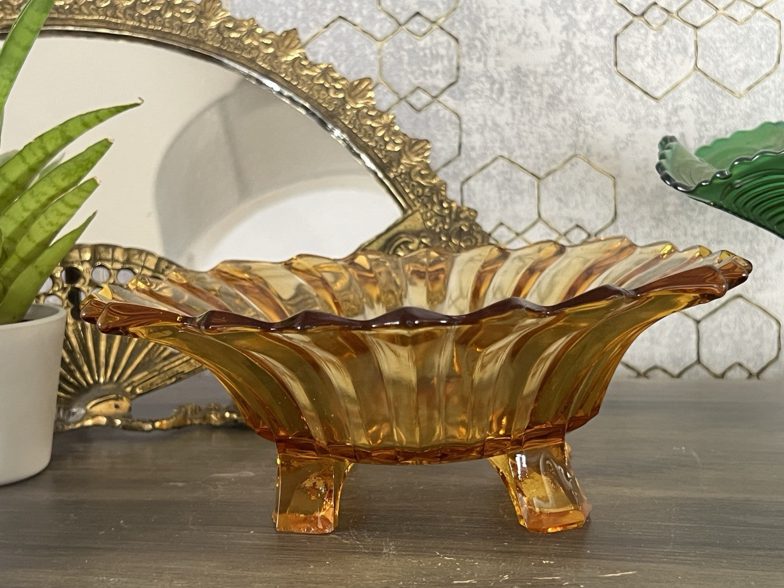 Antik Jardiniere Brockwitz Prismen Bernstein gelb Art Déco Schale Pressglas Glas