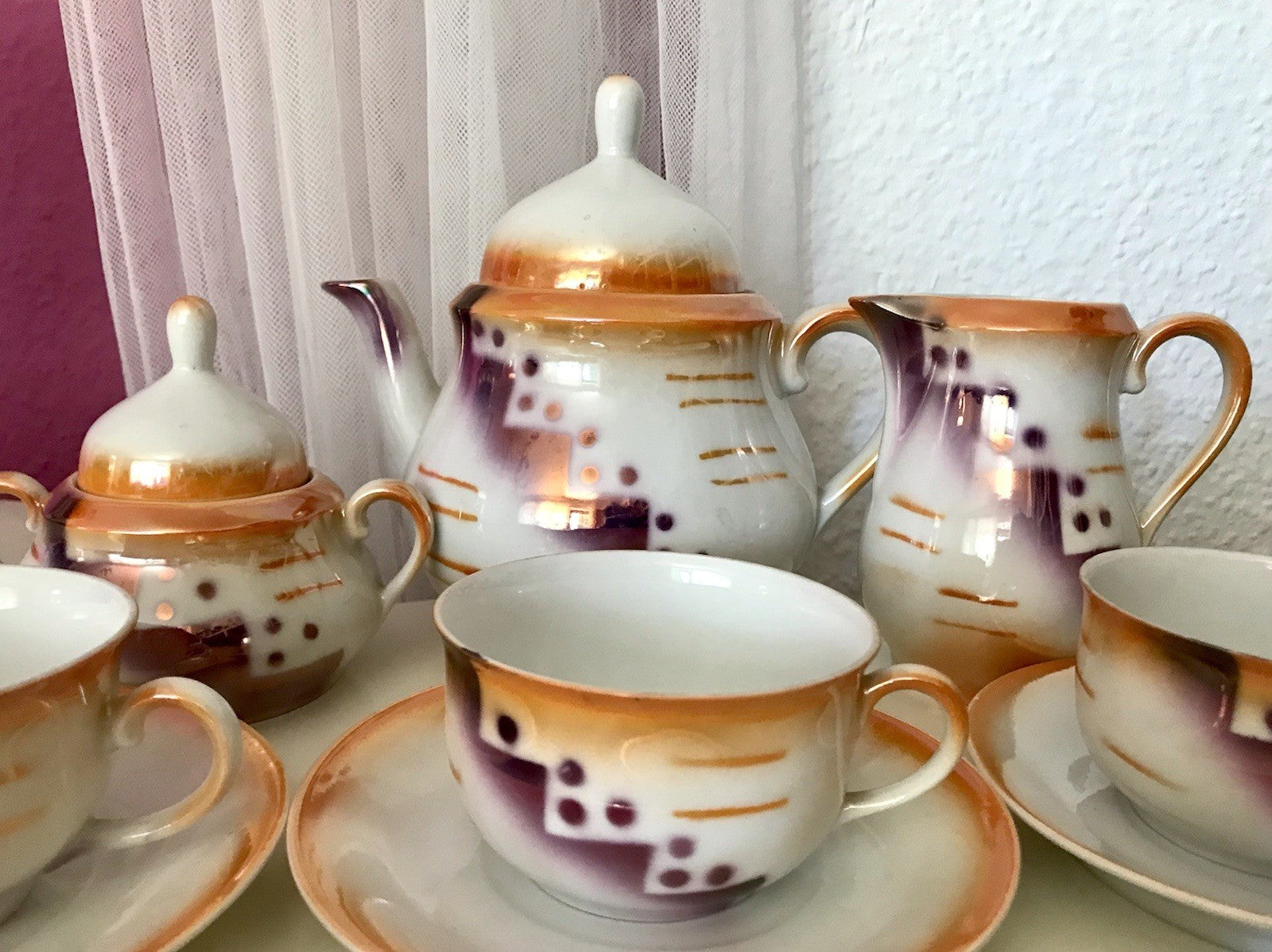 Antik Art Déco Porzellan Kaffeeservice Spritzdekor Teeservice 6 Pers.