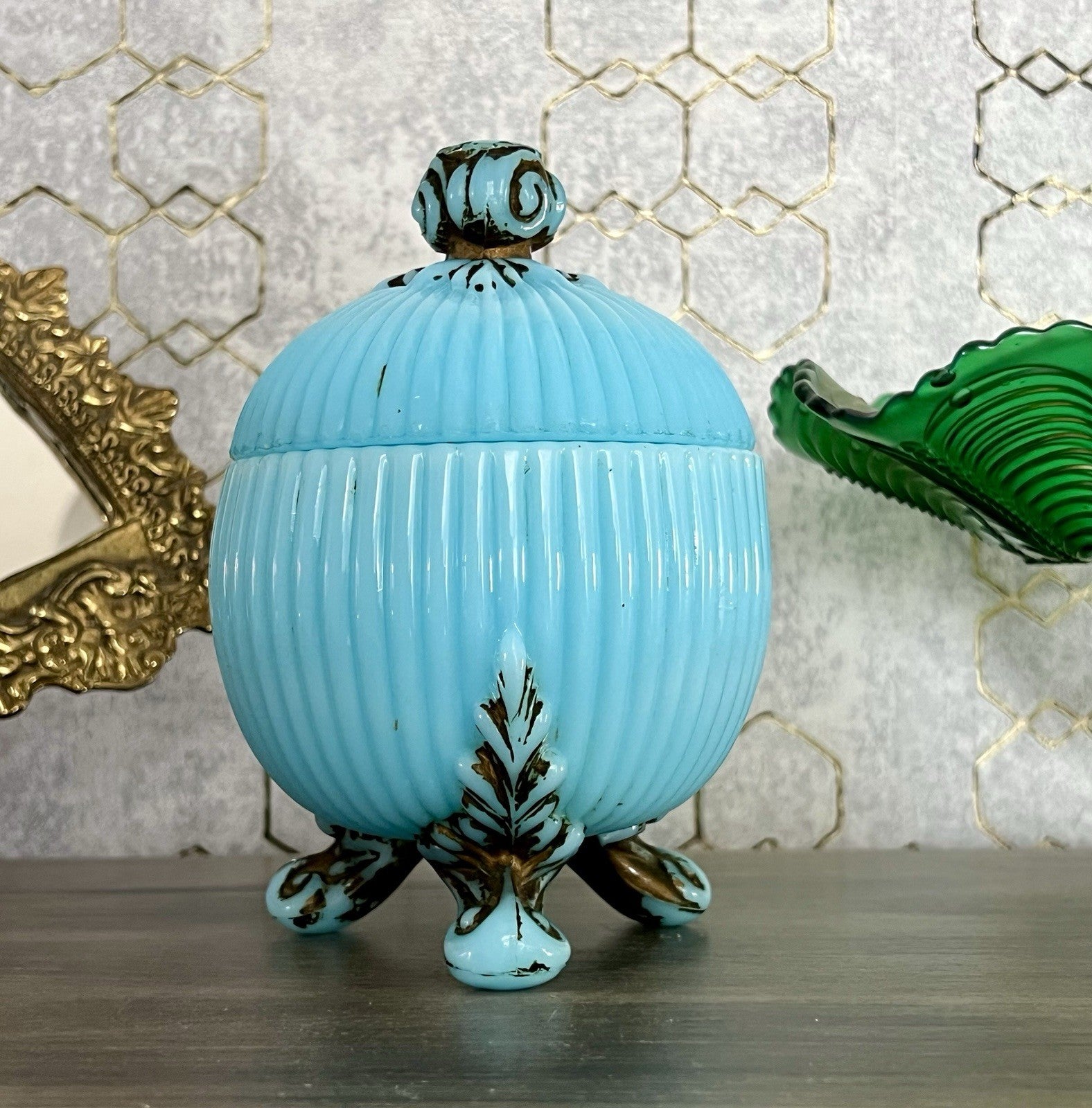 Antik Jugendstil Glasdose Kugel Dose Opalglas Deckeldose blau Pressglas SCHÖN!