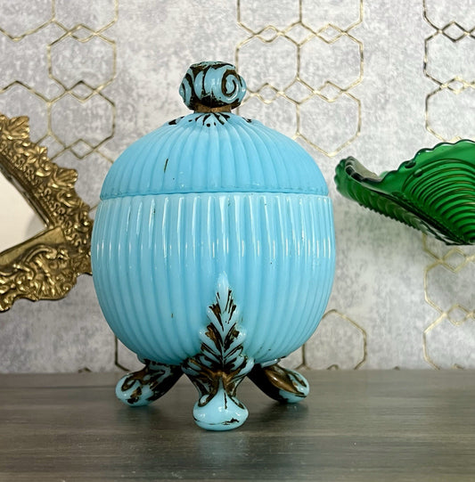 Antik Jugendstil Glasdose Kugel Dose Opalglas Deckeldose blau Pressglas SCHÖN!