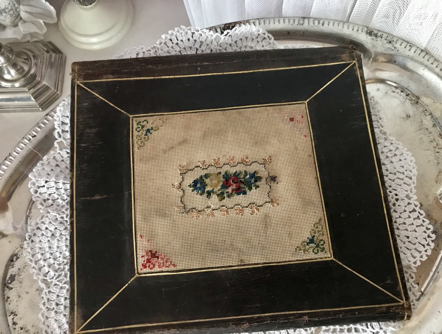 Antik Briefmappe?  Papiermappe Schreibmappe? Mappe Block Petitpoint Leder