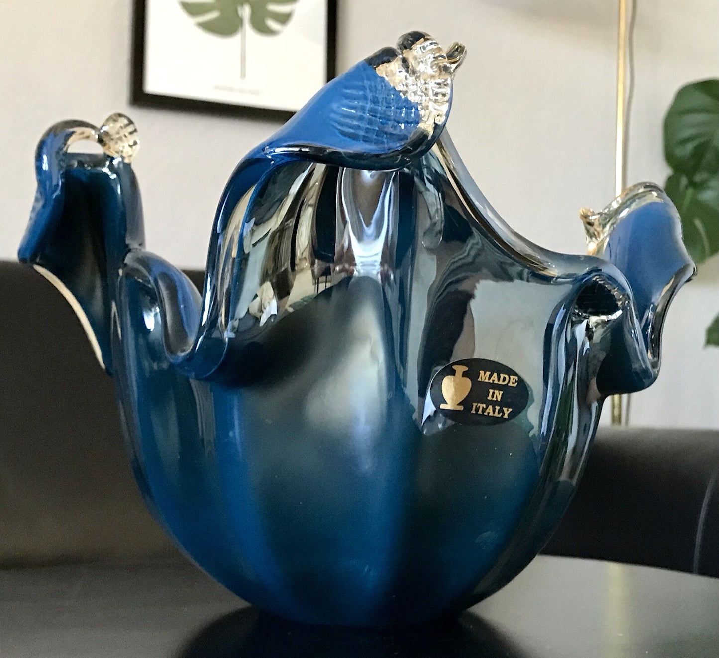 Vintage Murano Schale Vase Glas Petrol Blau metallic irisierend Edel Aufkleber