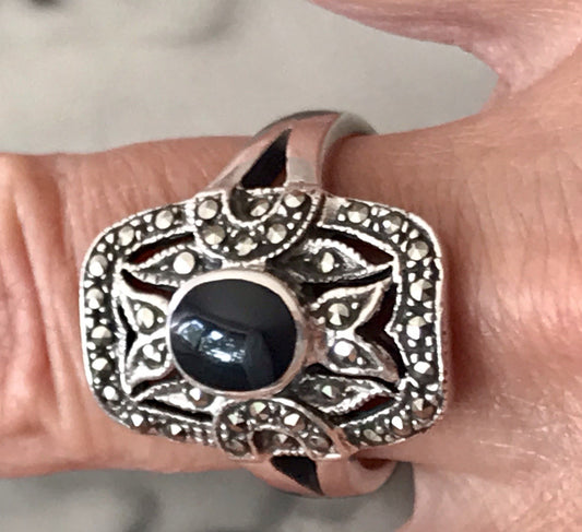 Antik Art Déco Damen Schiffchen Ring 925 Silber Gr.60 Onyx Markasite