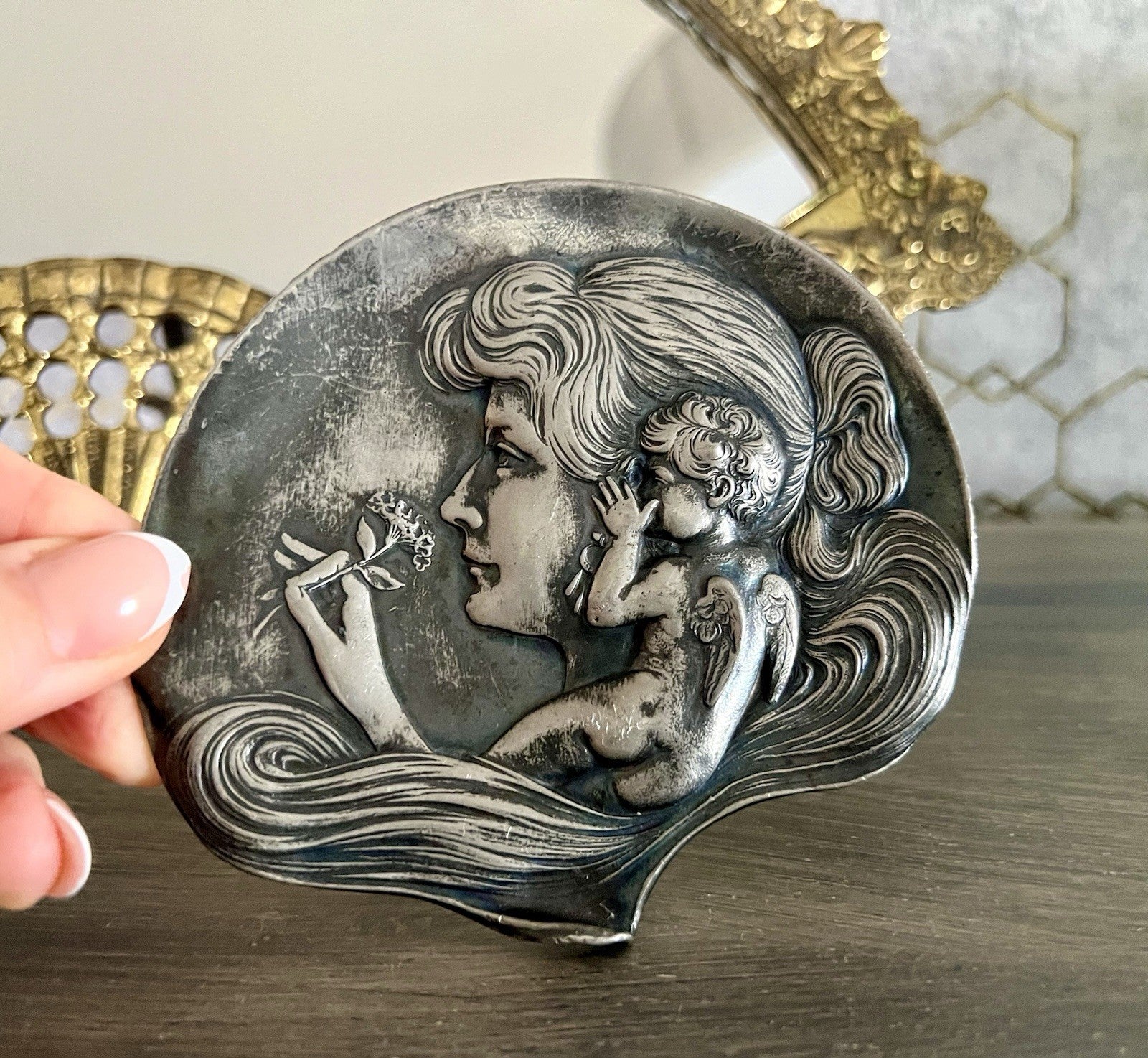 Antik versilbert WMF Schale Schmuckschale Jugendstil ~1900 Motiv: Elfe mur Putto