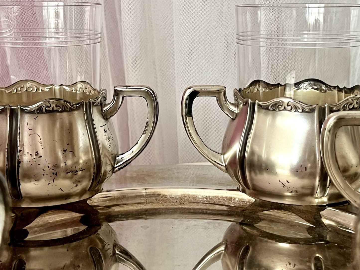 Antik WMF 6 Teeglashalter &6 Glaseinsätze Versilbert Art Déco  3x Straußenmarke