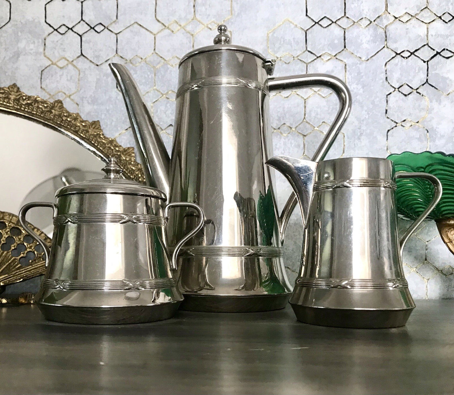 Antik Jugendstil Kaffee Kernstück Zuckerdose Rahmgießer Kanne vernickelt?