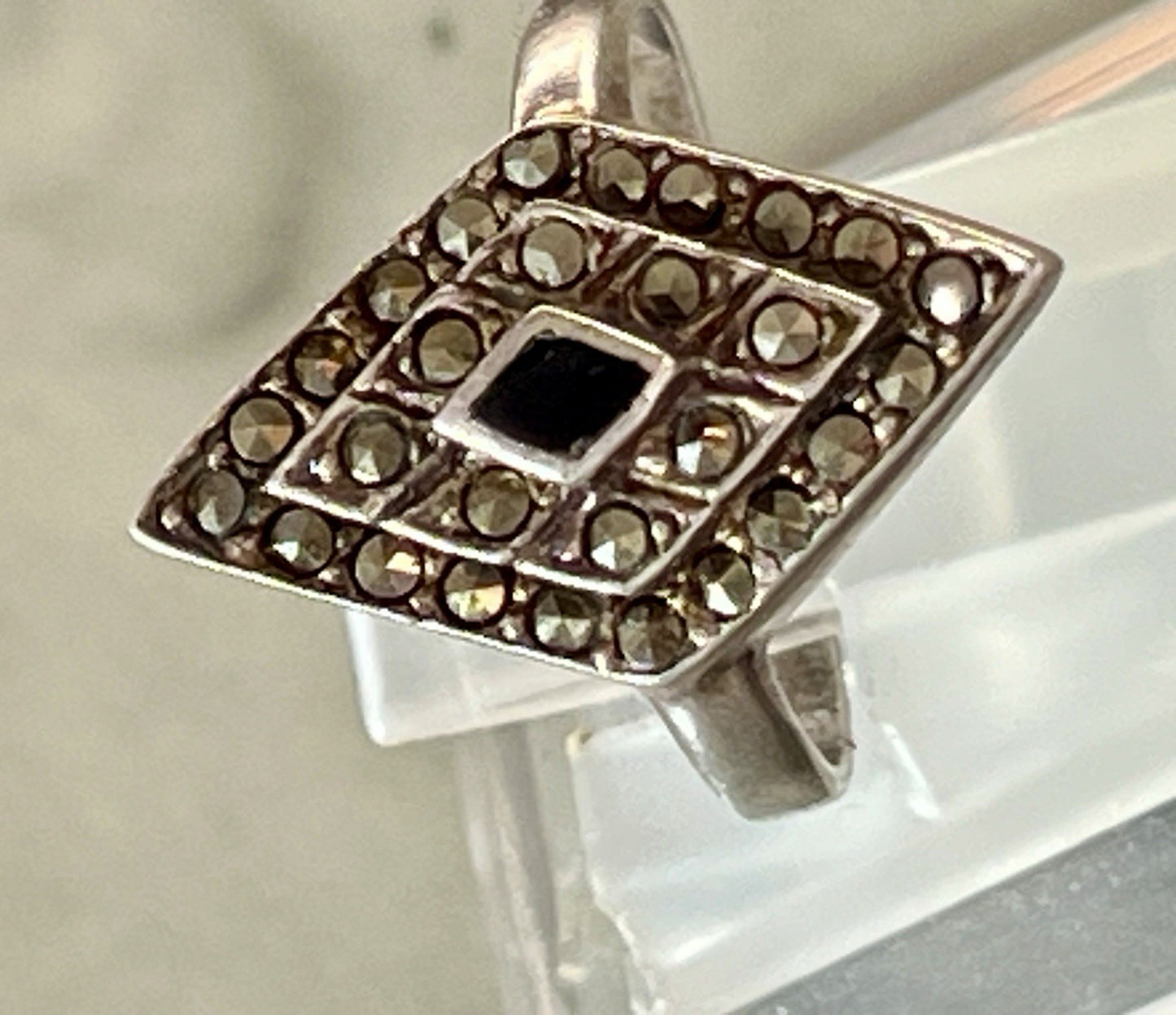 Antik Art Déco Edel Onyx Markasite DAMEN RING Silber 925 Gr.55