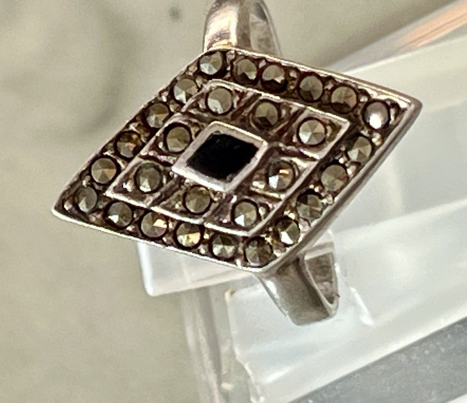 Antik Art Déco Edel Onyx Markasite DAMEN RING Silber 925 Gr.55