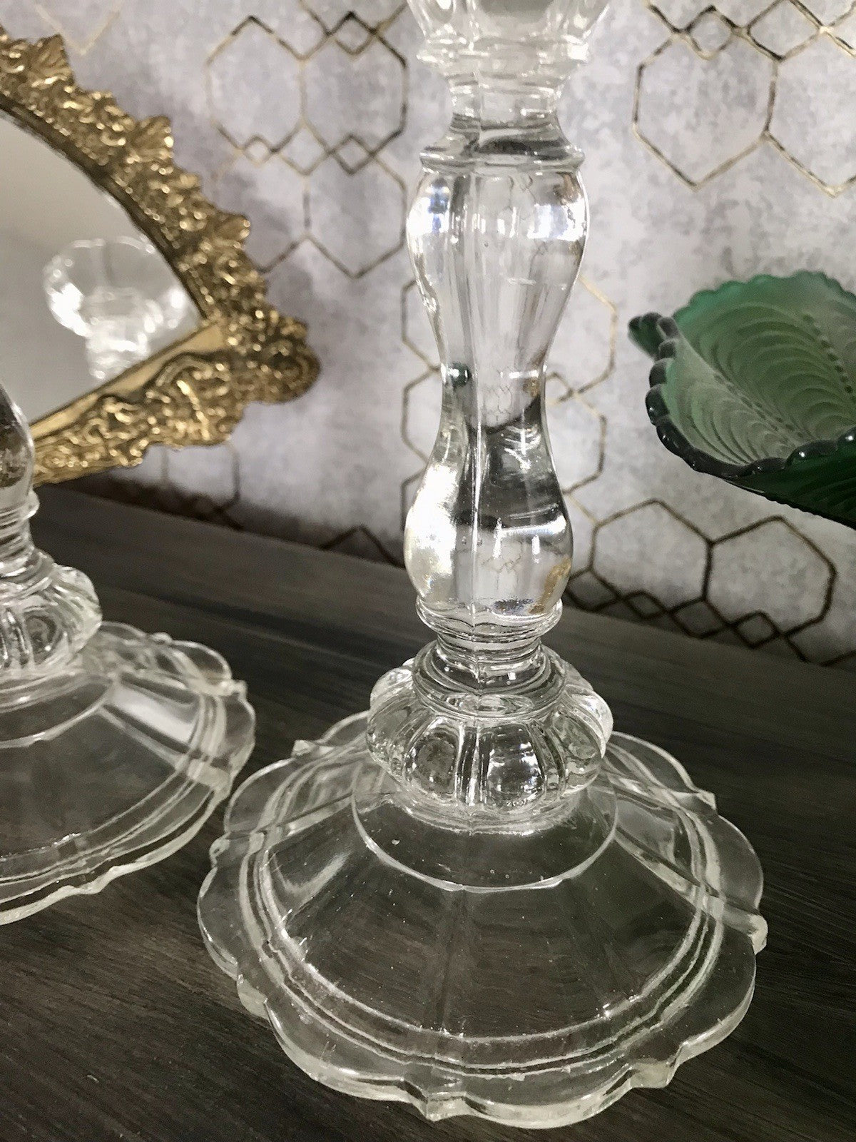 Antik Art Déco 2x Kerzenleuchter Leuchter Kerzenständer Pressglas Glas
