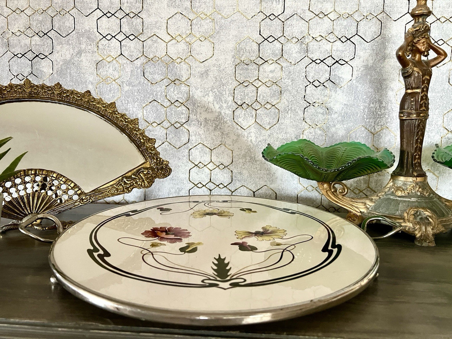 Antik WMF Jugendstil Art Deco Tortenplatte  Metallmontur Porzellan Keramik