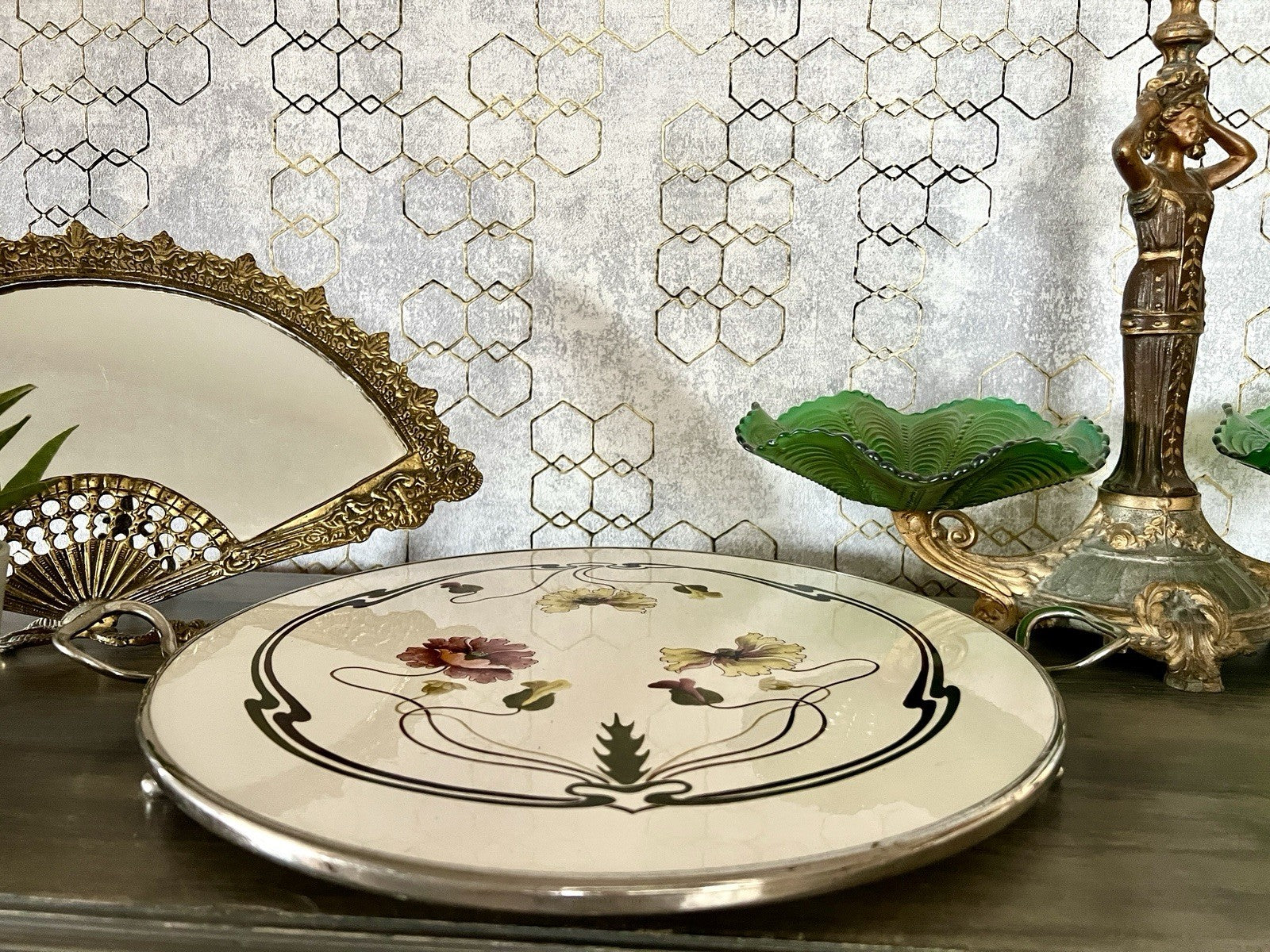 Antik WMF Jugendstil Art Deco Tortenplatte  Metallmontur Porzellan Keramik