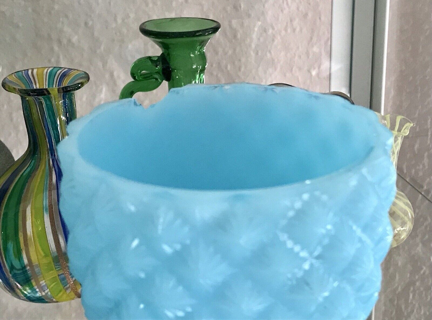 Antik Jugendstil Ananas Glasdose Dose Opalglas Deckeldose blau Pressglas SCHÖN!