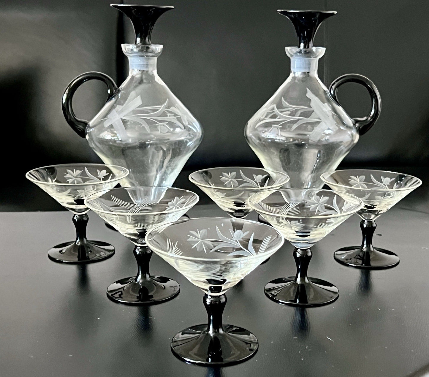 Antik Art Déco Likör 2x Karaffe & 6 Gläser Likörschalen Glas schwarz Stiel