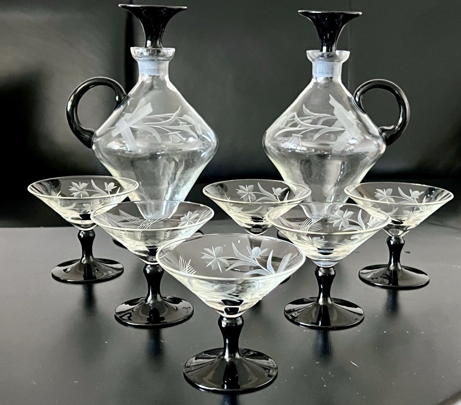 Antik Art Déco Likör 2x Karaffe & 6 Gläser Likörschalen Glas schwarz Stiel