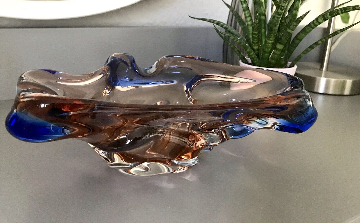 Murano? Böhmen? 60er Jahre Aschenbecher Schale Glas apricot Blau Edel