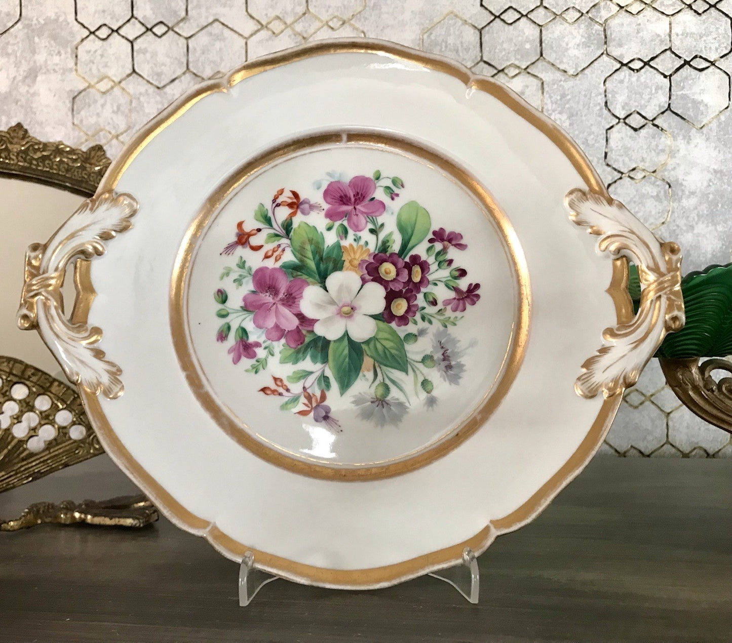 Antik Tielsch Porzellan Schale Zierschale Prunkschale um 1860 Blumenmalerei