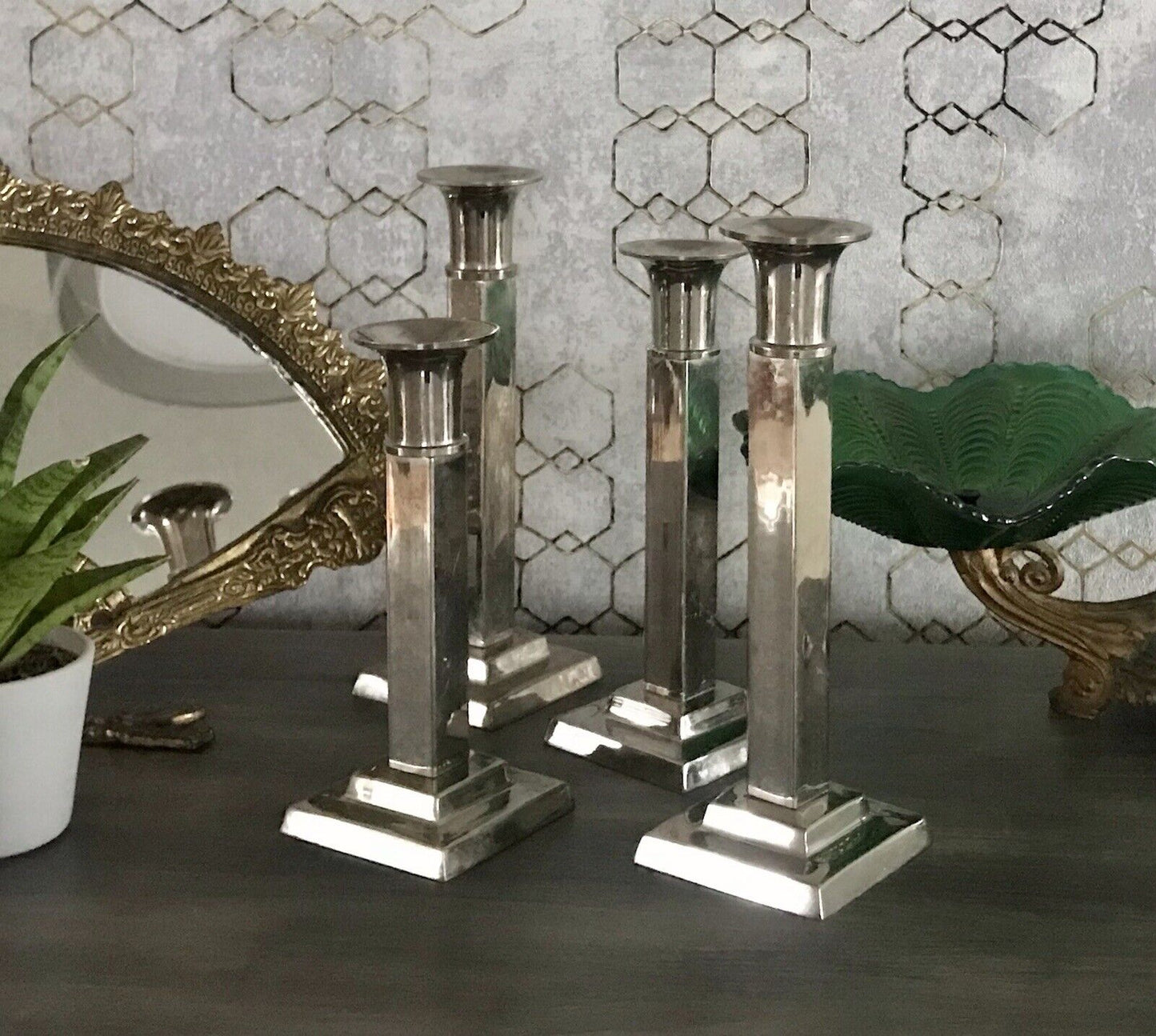 4 Kerzenleuchter Kerzenständer Leuchter Art Déco Stil versilbert? kantig