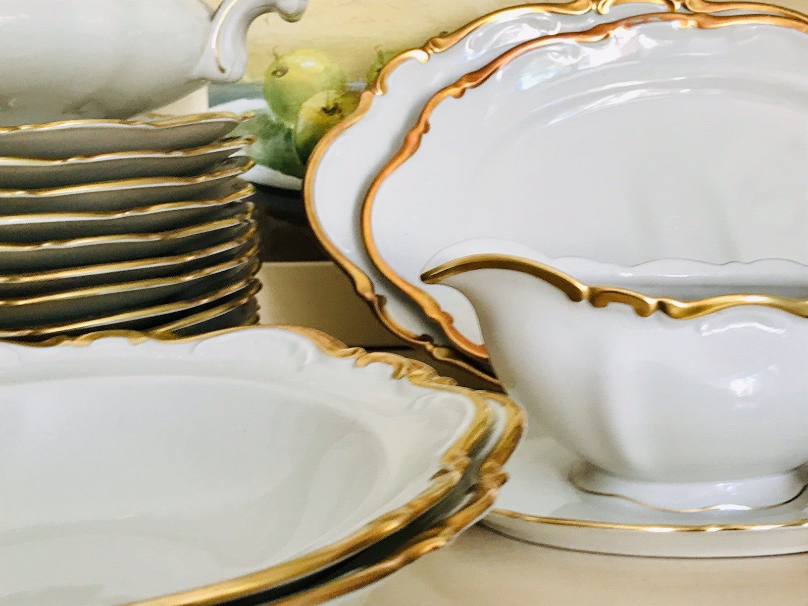 Antik Art Déco Porzellan Tafelservice goldene Ranke EDEL Mitterteich 12 Personen