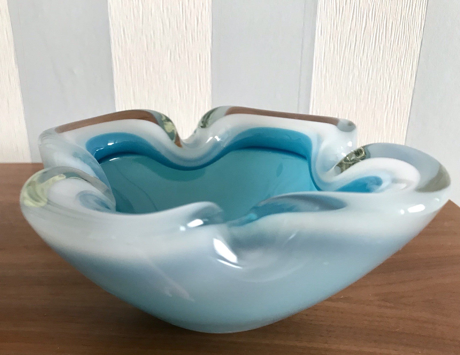 Vintage 60er Murano Glas Schale Barovier? türkis blau weiß edel