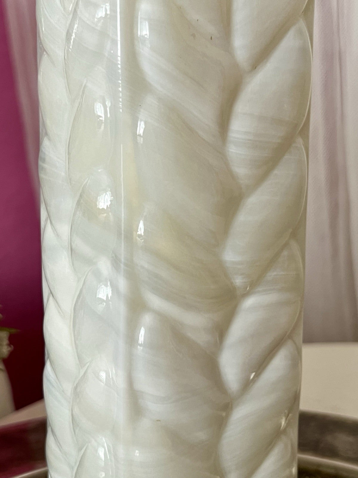 Vintage 60er Jahre MCM Glasvase Vase Glas Design Zopfmuster Blockvase weiß