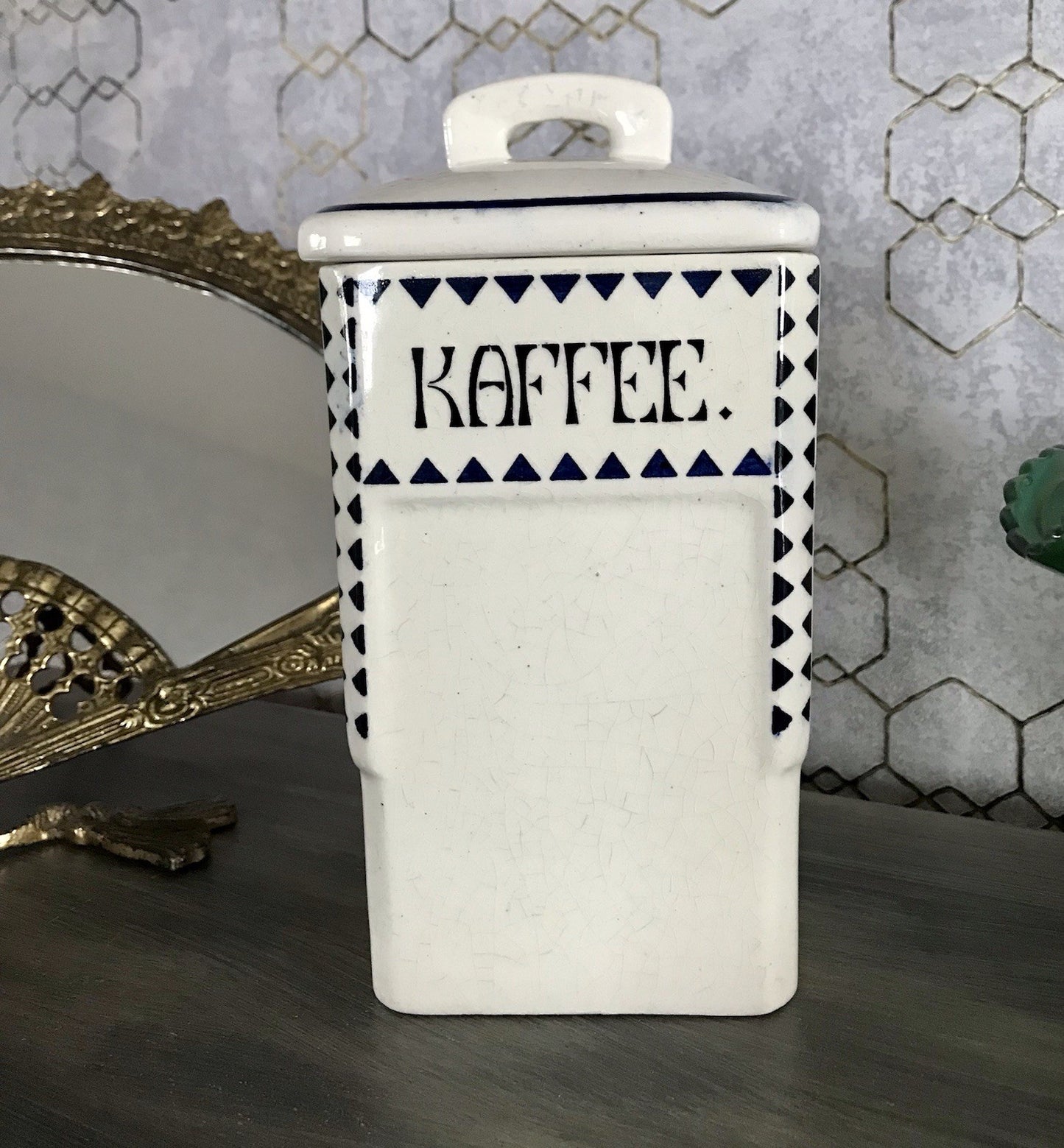 Antik Jugendstil Vorratsgefäß Kaffee Gefäß Vorratsdose weiß Porzellan creme blau