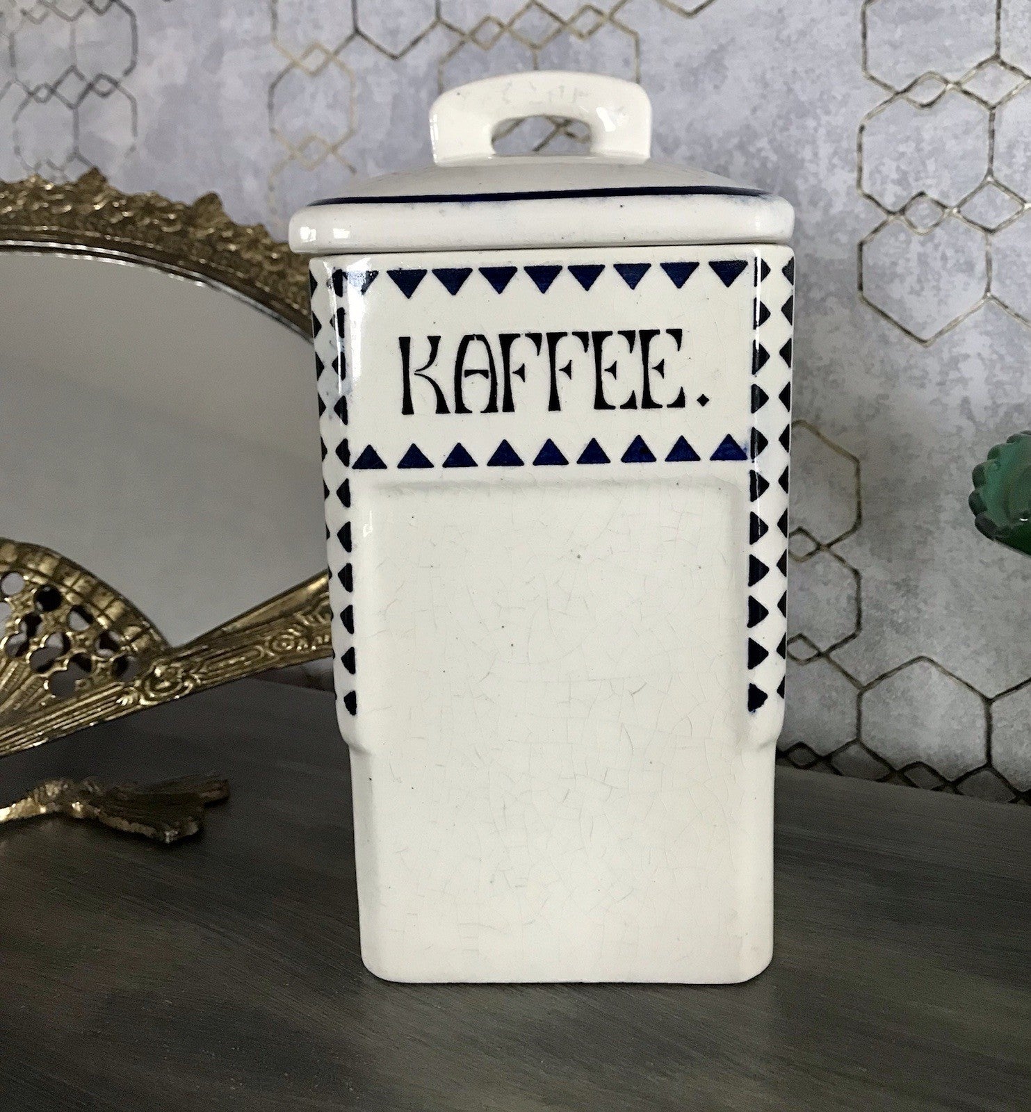 Antik Jugendstil Vorratsgefäß Kaffee Gefäß Vorratsdose weiß Porzellan creme blau