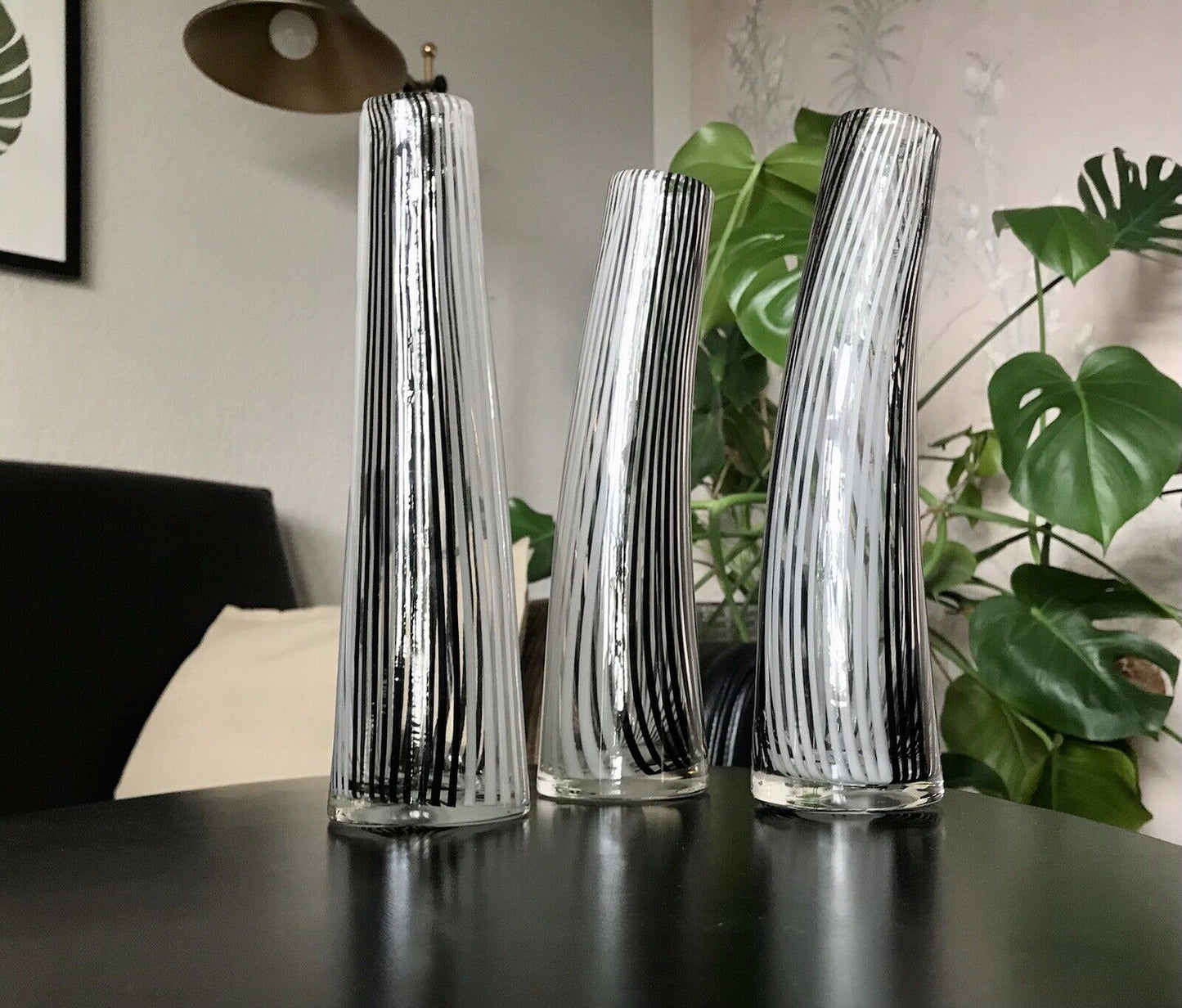 Vintage 3x Dino Martens Vase Glasvase Bianca Nero Streifen Glaskunst Murano