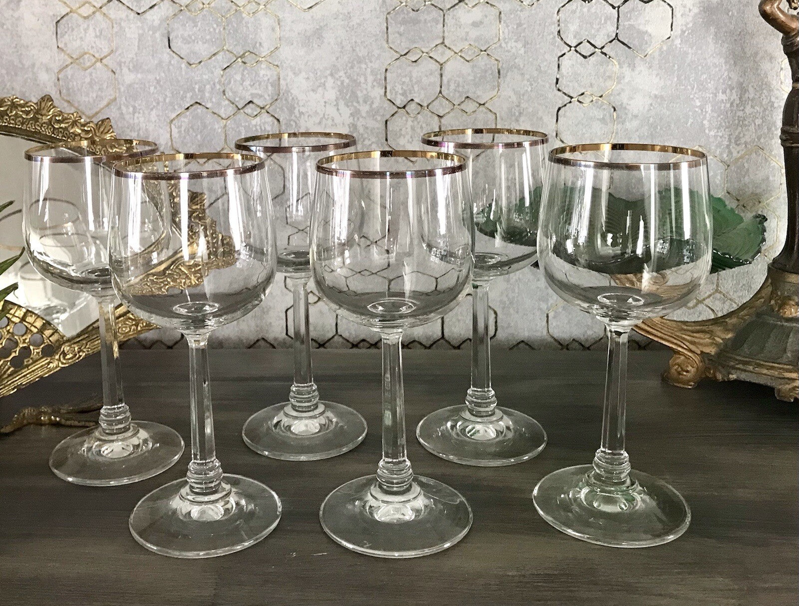 Art Déco Stil 6 Gläser Weingläser Rotweingläser Glas Goldrand Lausitzer