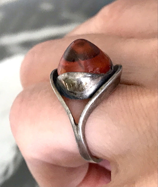 Alt Antik Vintage Edel Bernstein DAMEN RING Silber Super Design! Gr.56 57 WOW!