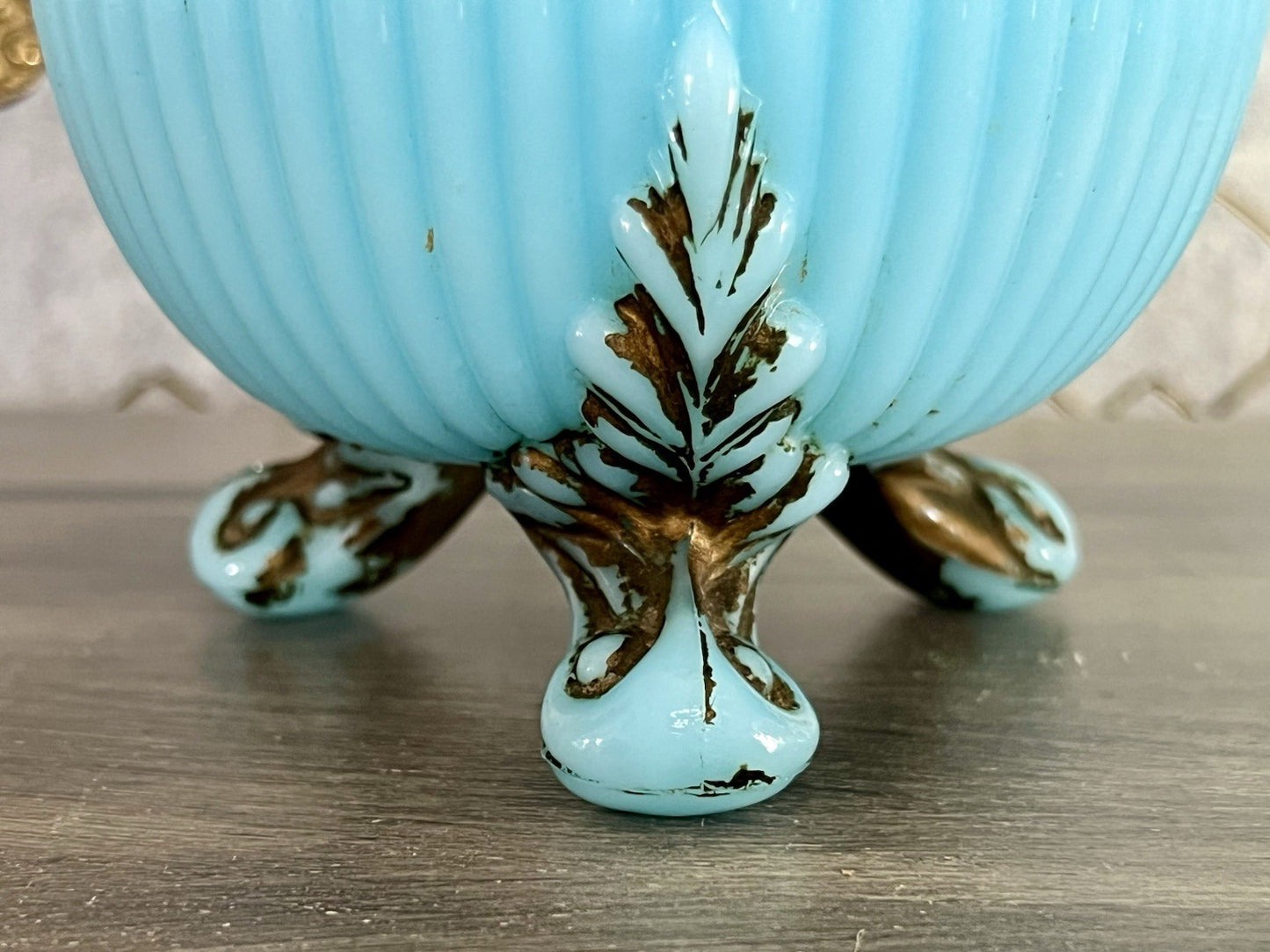 Antik Jugendstil Glasdose Kugel Dose Opalglas Deckeldose blau Pressglas SCHÖN!