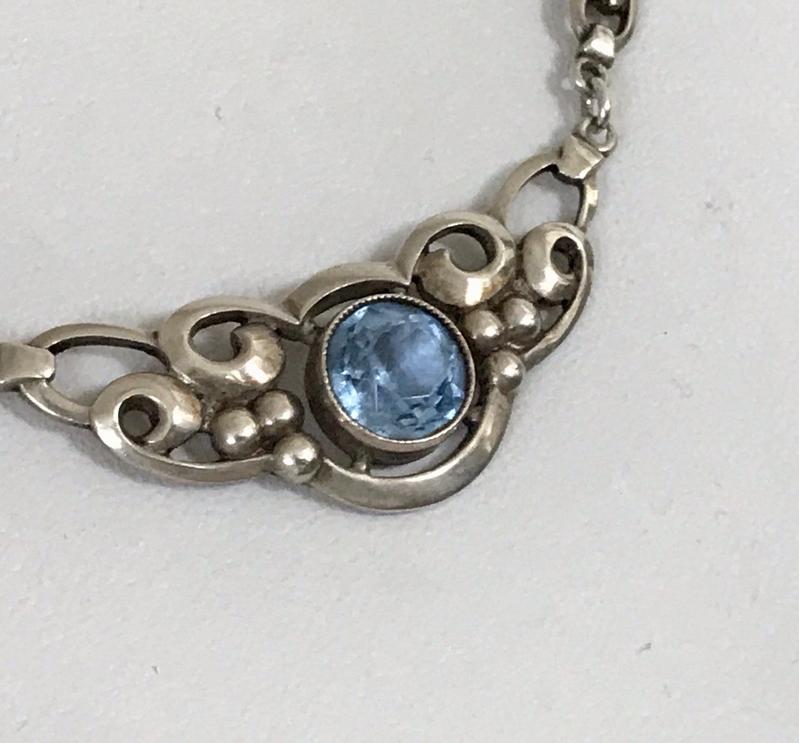 Antik 835 Sterling Silber Collier Halskette Kette Blauer Stein FBM