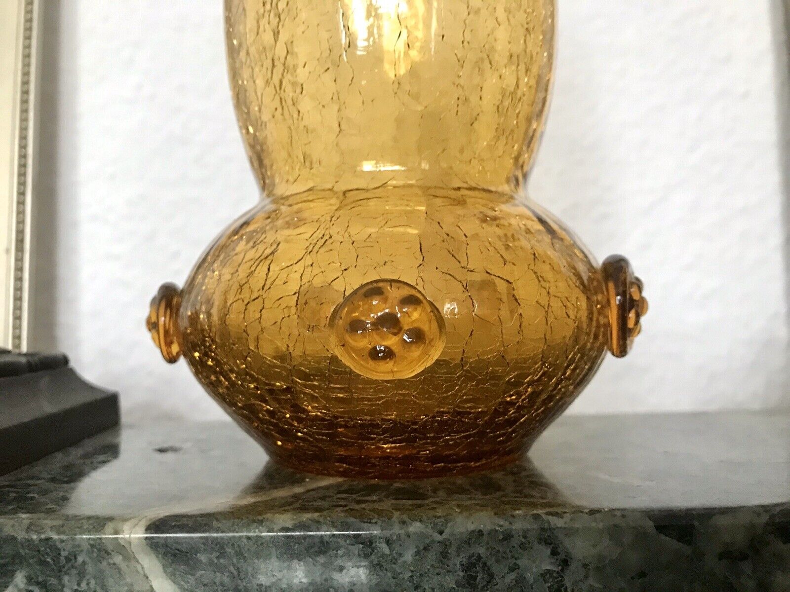 Antik Craqueleè Vase Glasvase Bernstein Gelb Amber Art Déco Nuppen