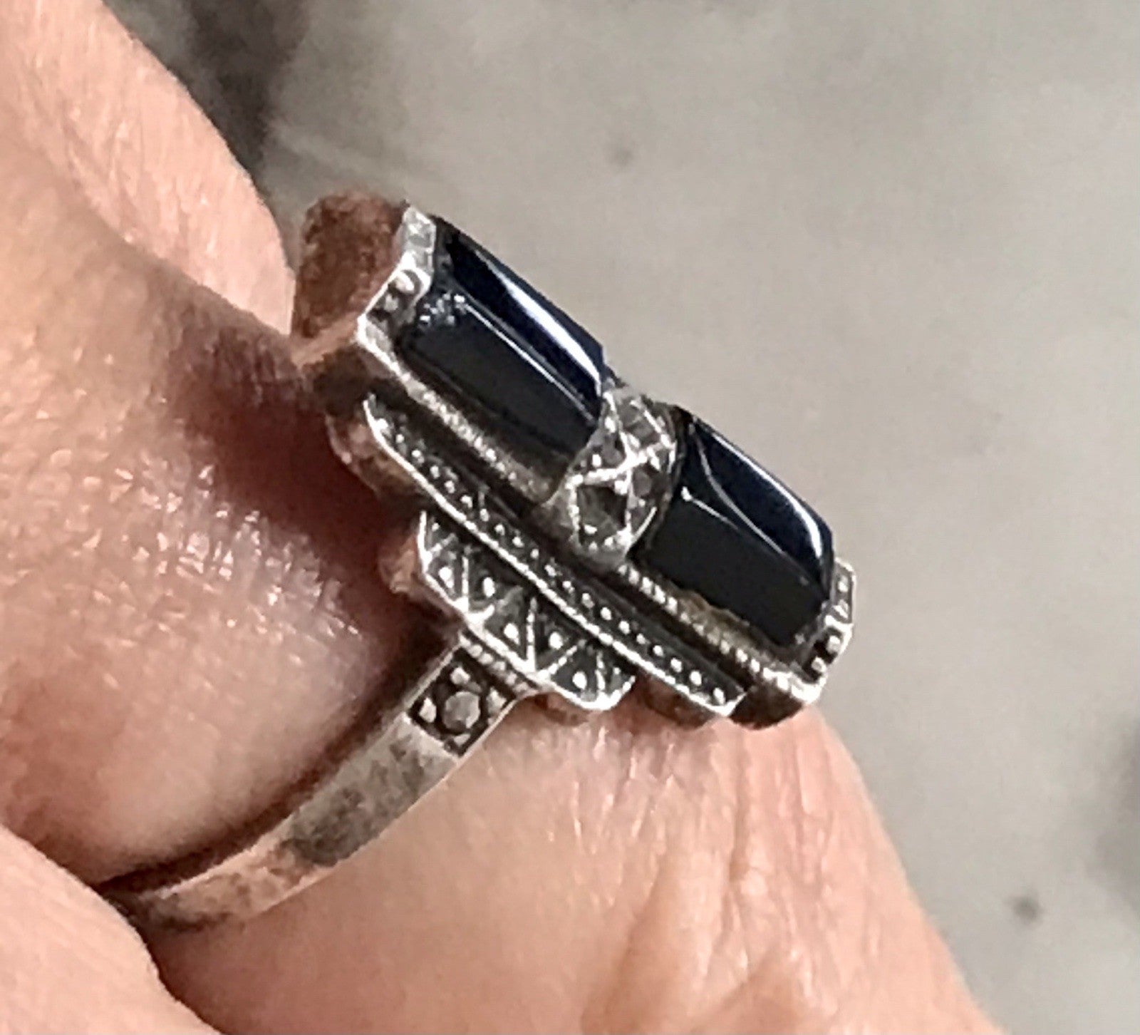 Antik Art Déco Damen Schiffchen Ring Onyx 925 Silber Gr.56 Markasite 18,1