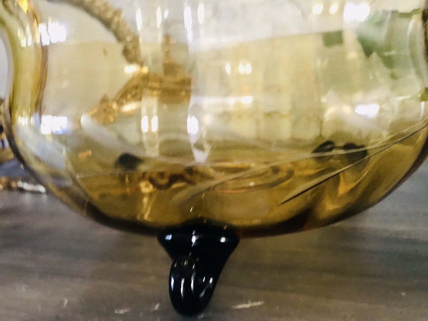 Antik Art Déco Schale Glasschale Bernstein Gelb schwarz Glas gerippt & Schliff