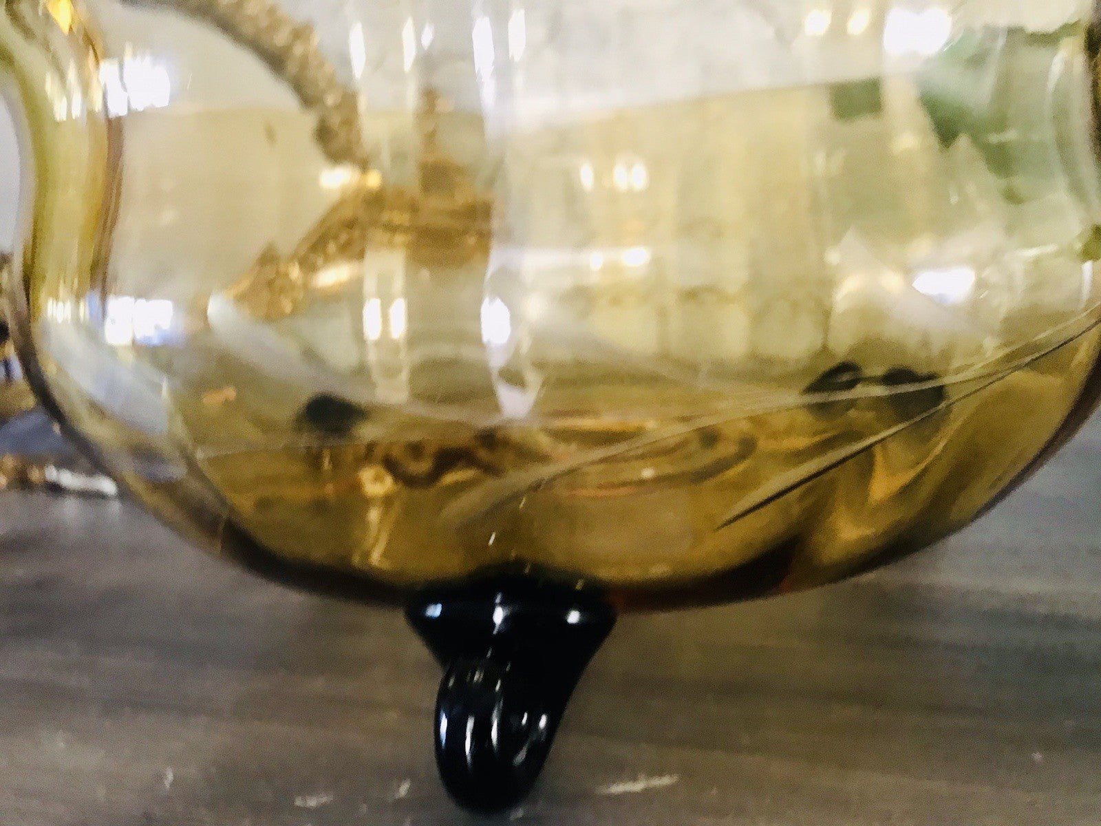 Antik Art Déco Schale Glasschale Bernstein Gelb schwarz Glas gerippt & Schliff