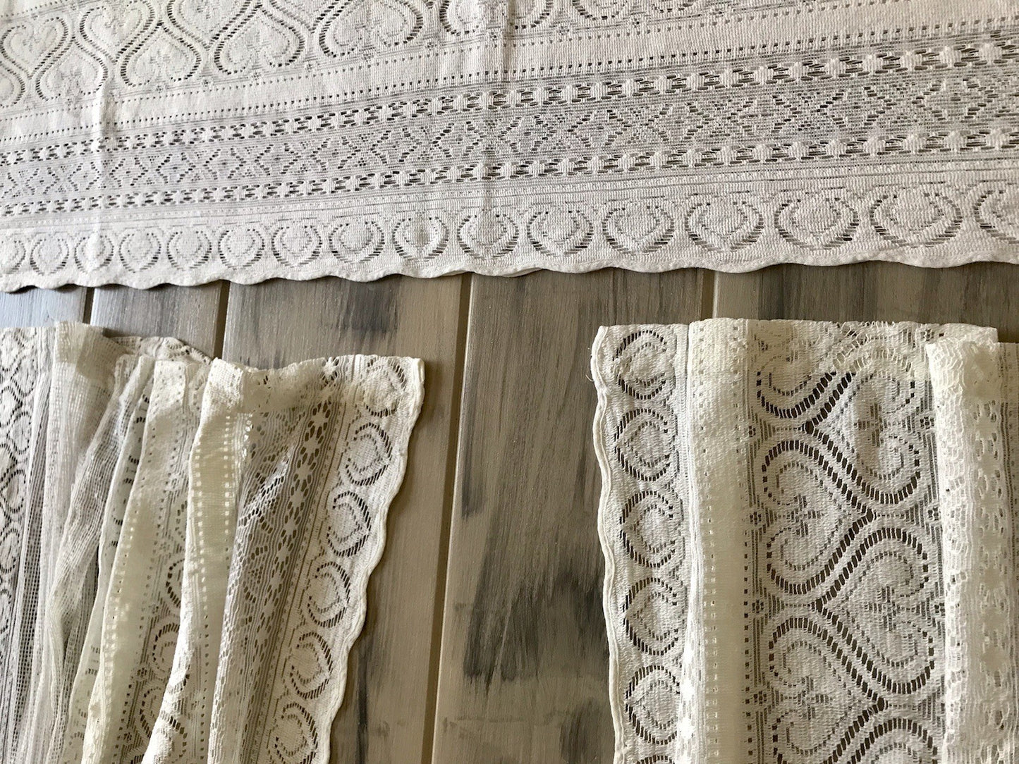 Antik Set 3tlg Fenster Gardine Vorhang Baumwolle Musselin? Filetspitze? Herzen